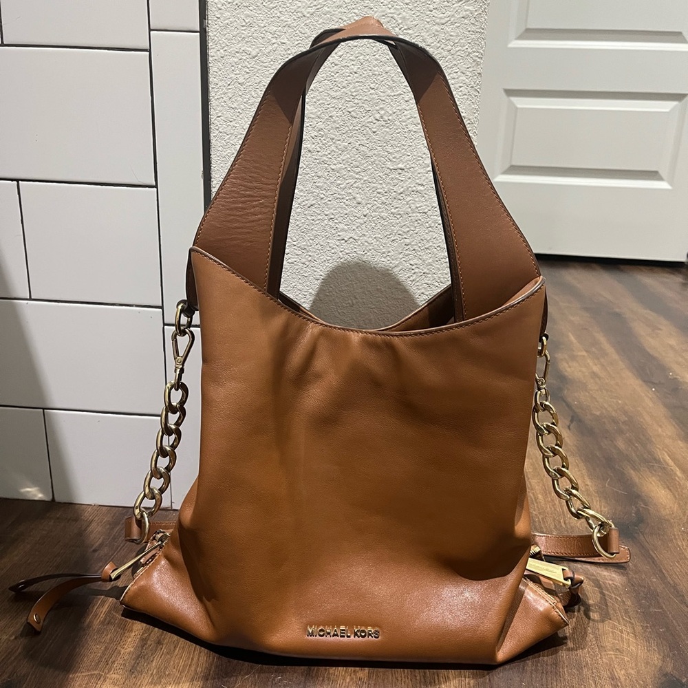 Michael Kors Brown Leather Shoulder Bag with Chain Detail